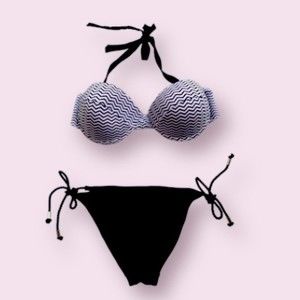 H&M Black & White 2-Piece Bikini & Bottom Halter Super Push up Top Never Worn